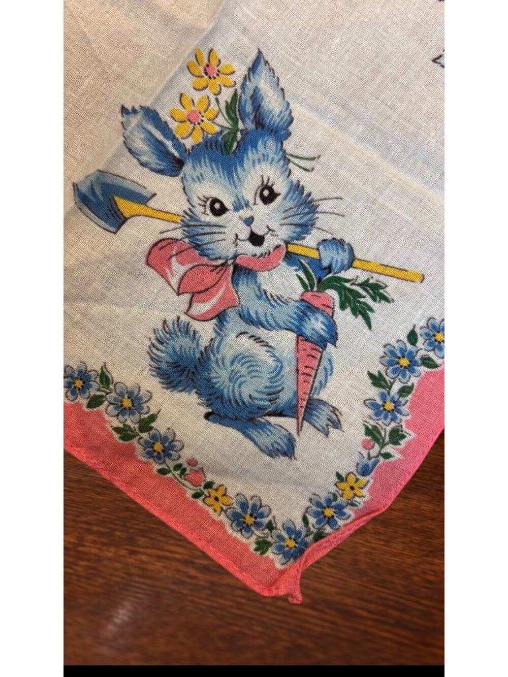 Vintage Kids Handkerchief With Blue Bunny Design & Pink Floral Border - Picture 4 of 5